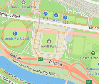Mapa lokality Obdĺžnikový štadión v Melbourne