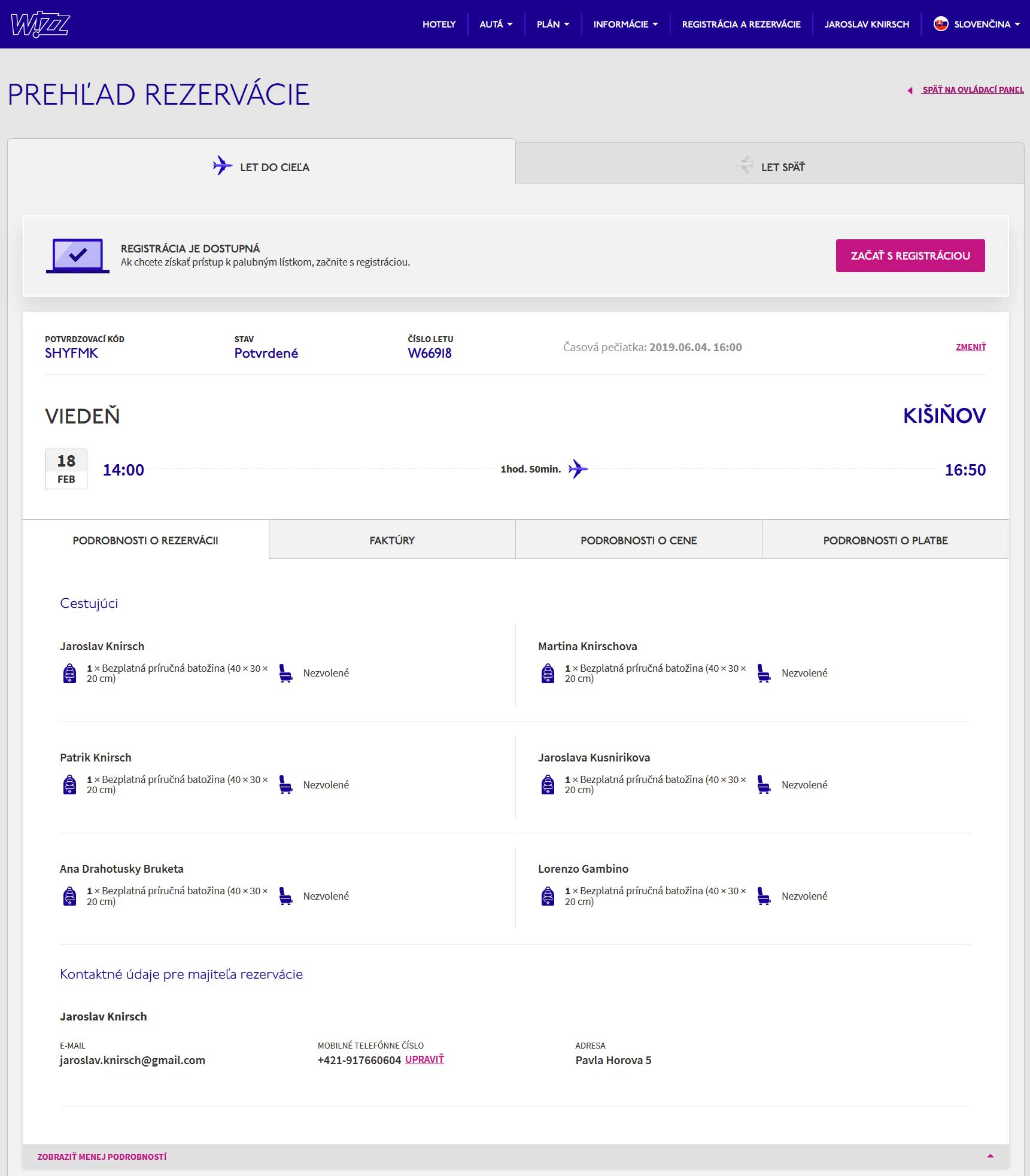 WizzAir Prehľad rezervácie