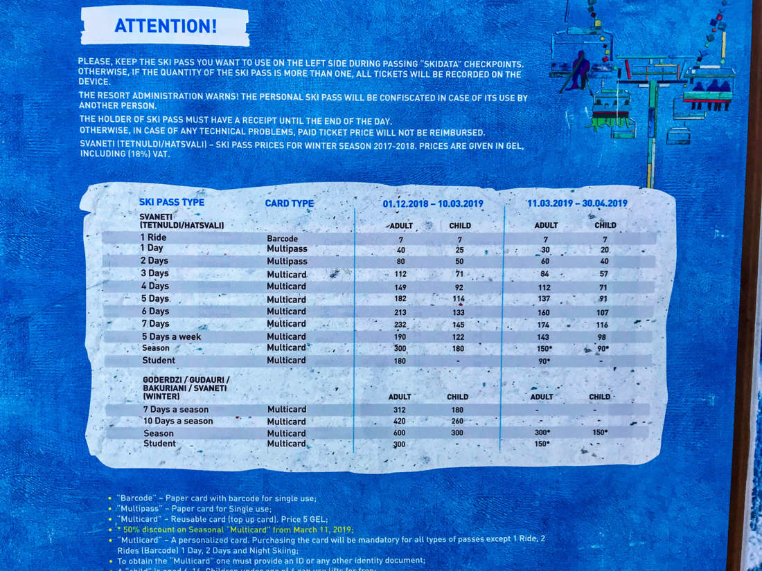 Pricelist Tetnuldi Ski Resort 2019