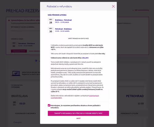 Vrátenie peňazí, WizzAir