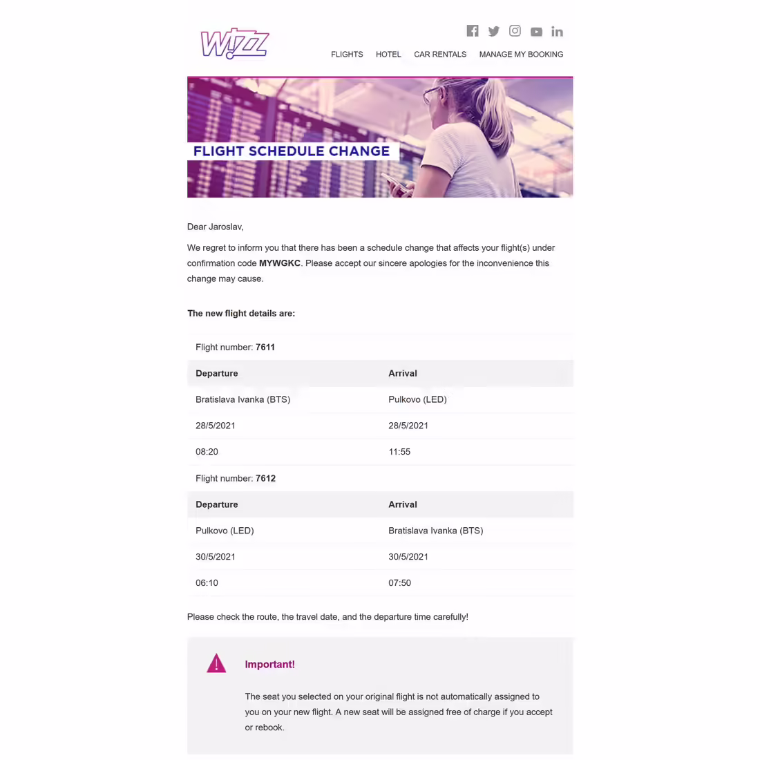 informačný email od WizzAir