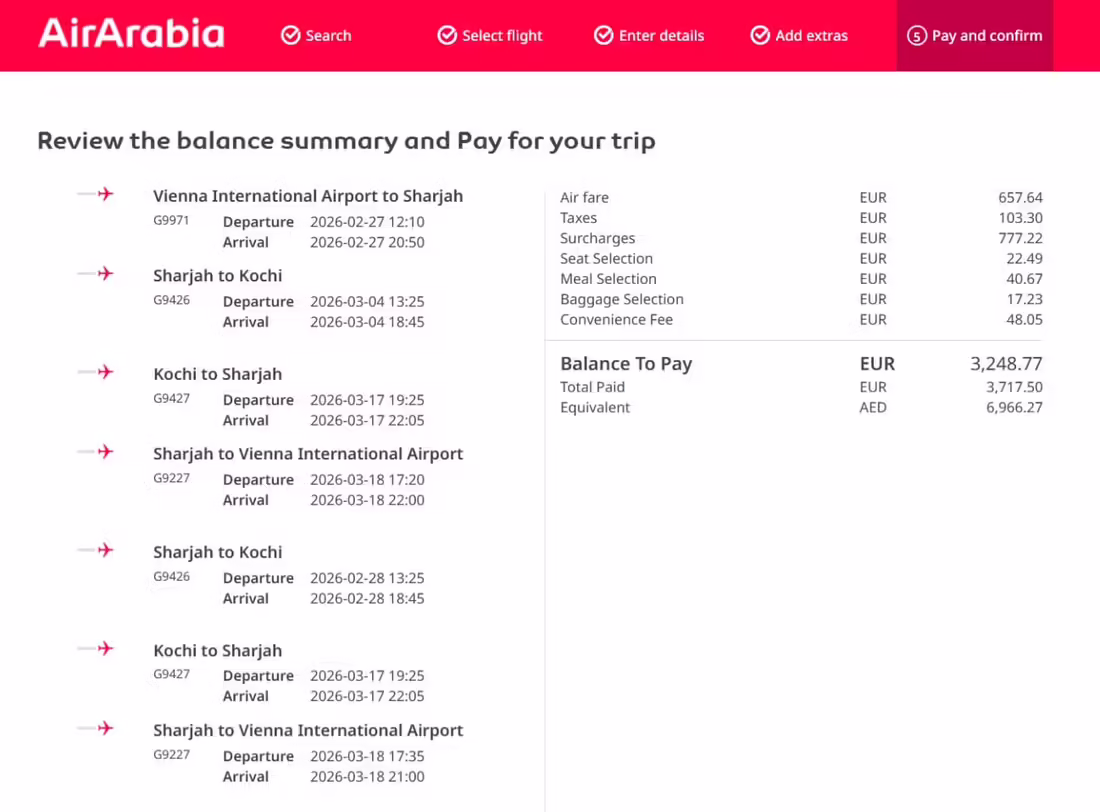 Platobná stránka Air Arabia požaduje 3 248,77 EUR namiesto omylom refundovaných 3 248,77 AED.