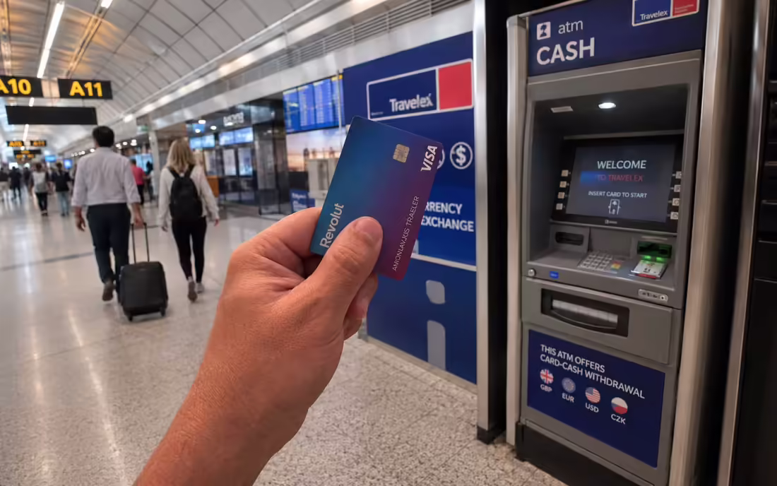 Karta Revolut pred bankomatom Travelex na letisku. Fotografia bola upravená pomocou nástrojov umelej inteligencie.