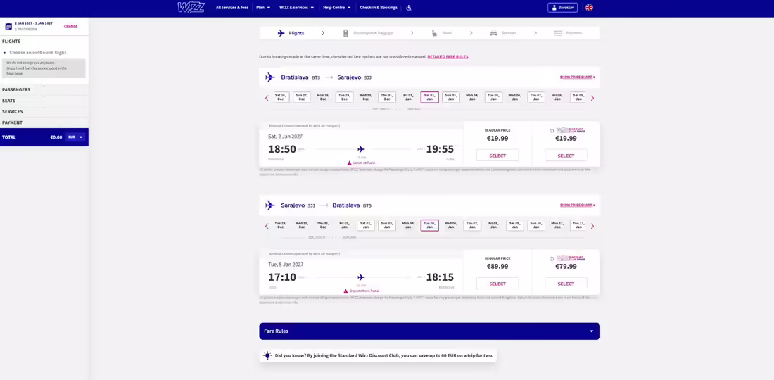 Vyhľadávanie Wizz Air Bratislava BTS – Sarajevo SJJ, pri ktorom let pristáva v Tuzle a spiatočný odlieta z Tuzly