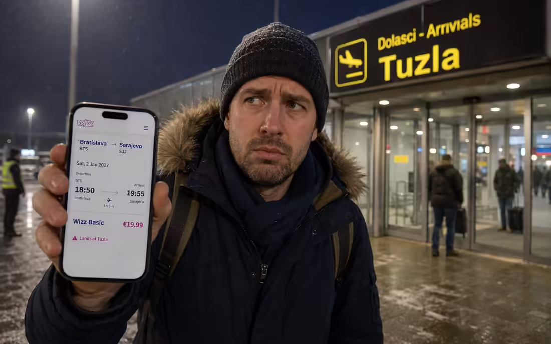 Ilustračná fotografia cestujúceho pri letisku v Tuzle s mobilom, na ktorom je Wizz Air let Bratislava – Sarajevo a upozornenie Lands at Tuzla