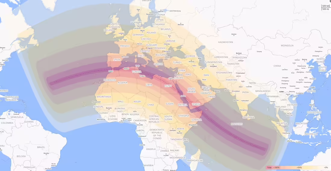 Mapa pásma zatmenia Slnka 2. augusta 2027 cez južné Španielsko, severnú Afriku a Arabský polostrov