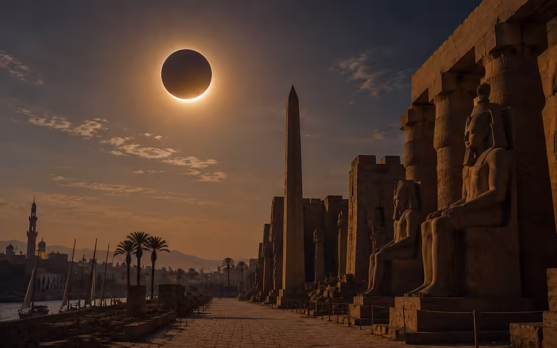 Úplné zatmenie Slnka nad chrámami v Luxore v Egypte počas zatmenia 2. augusta 2027