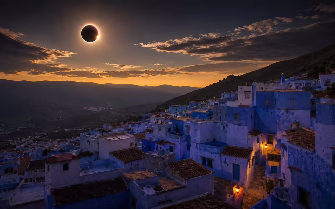 Zatmenie Slnka nad modrým mestom Chefchaouen v Maroku