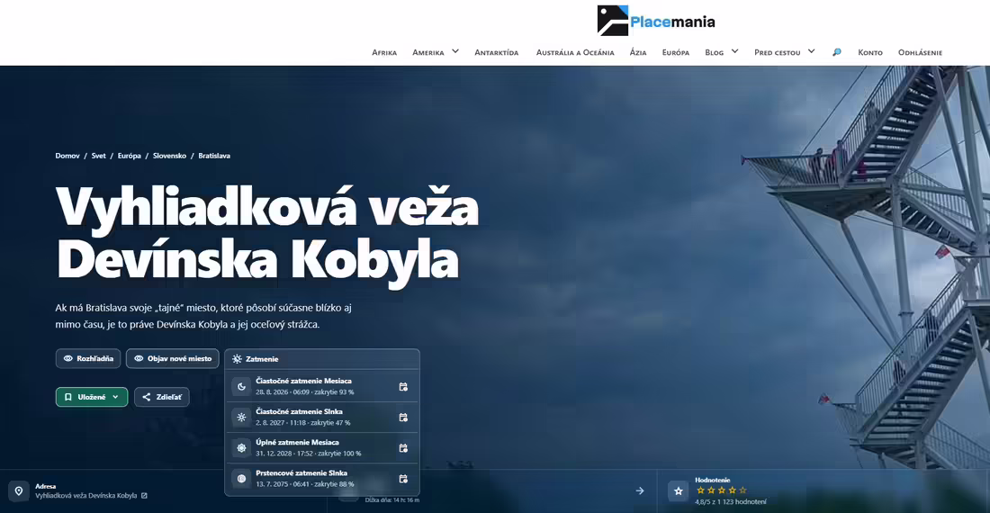 Ukážka funkcie so zatmeniami vypočítanými pre presnú polohu Vyhliadkovej veže Devínska Kobyla