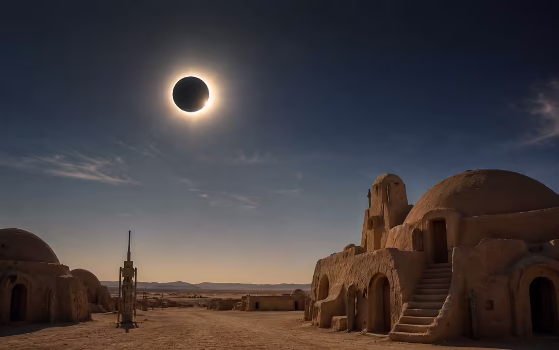 Zatmenie Slnka nad púštnou filmovou krajinou Tatooine v južnom Tunisku