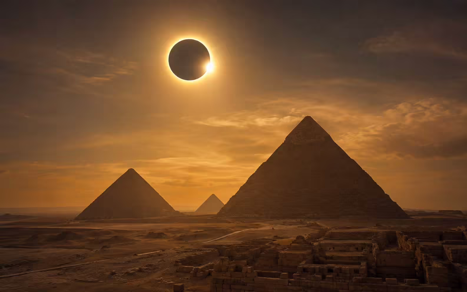 Zatmenie Slnka nad egyptskými pyramídami v Gíze ako ilustrácia dovolenky v auguste 2027