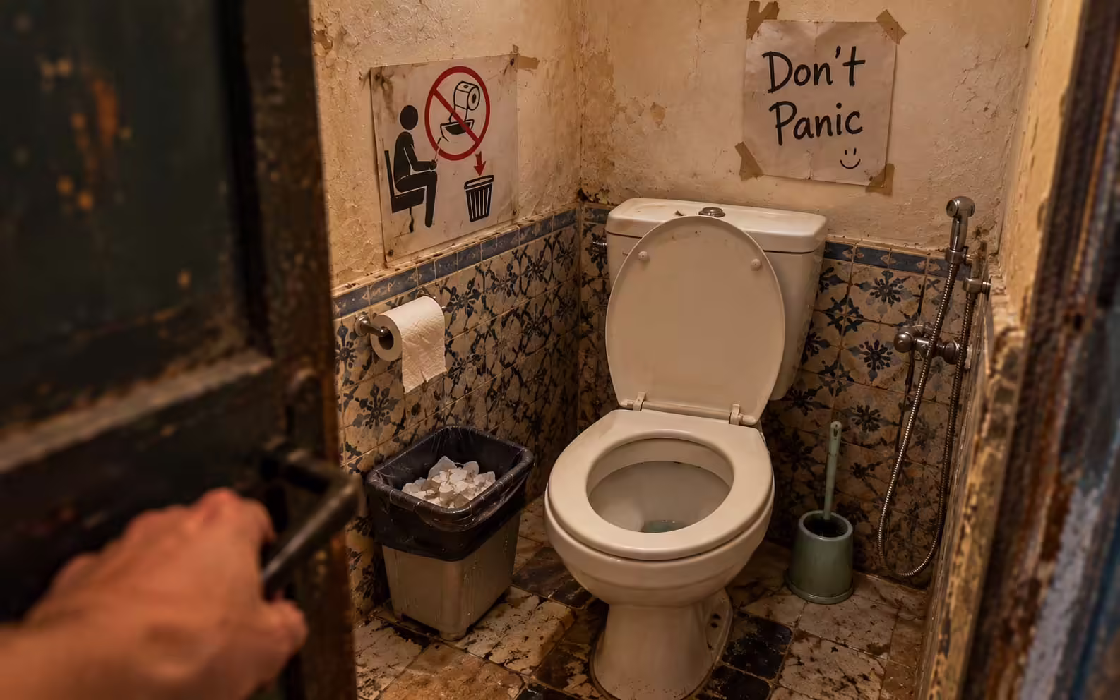 POV pohľad do staršej toalety s košom na použitý papier, WC kefou, bidetovou sprškou a nápisom „Don’t Panic“