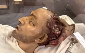 Anatomický model hlavy s odkrytou časťou lebky v Musée de la Médecine