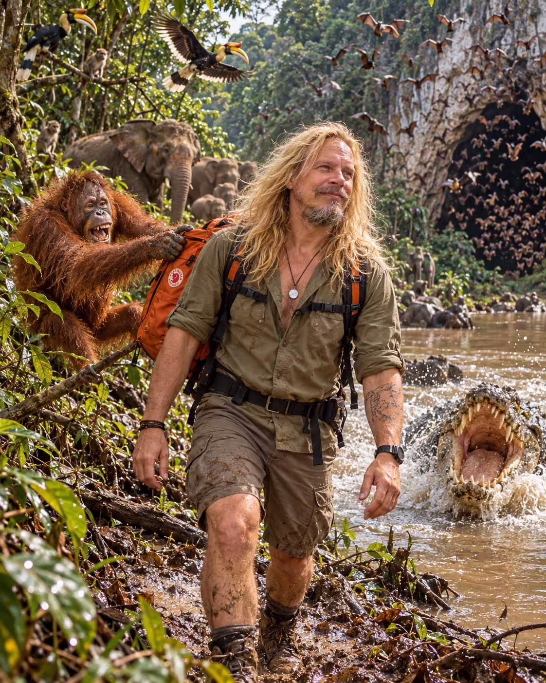 AI ilustrácia cestovateľa v džungli: orangutan mu ťahá batoh, z rieky sa vynára krokodíl a v pozadí sú slony, opice a vtáky