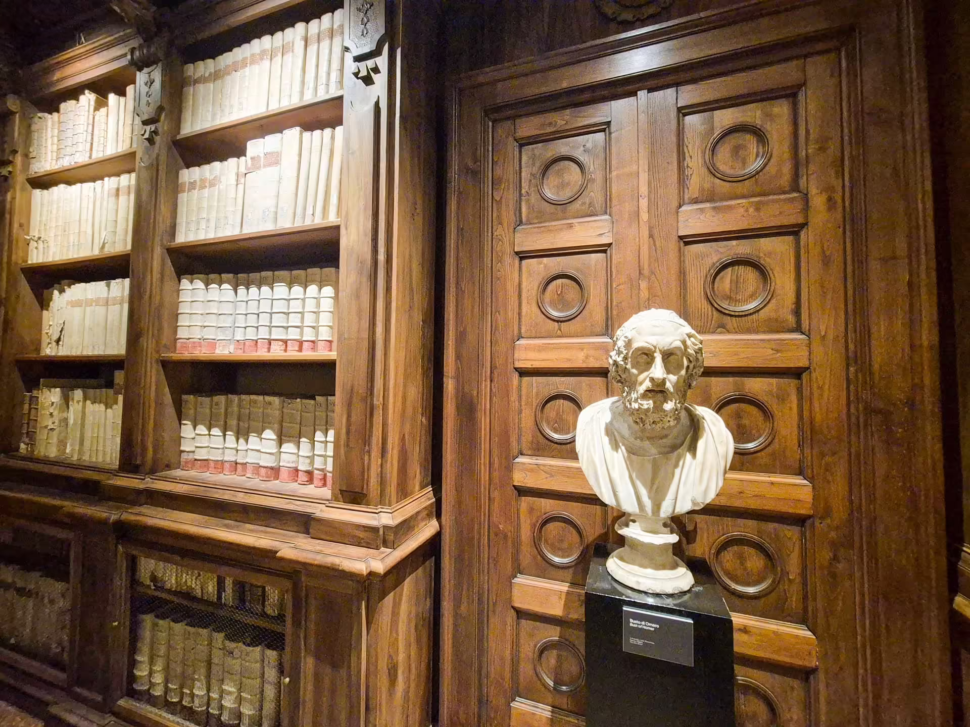 Busta Homéra medzi historickými knižnými regálmi v Biblioteca Capitolare vo Verone