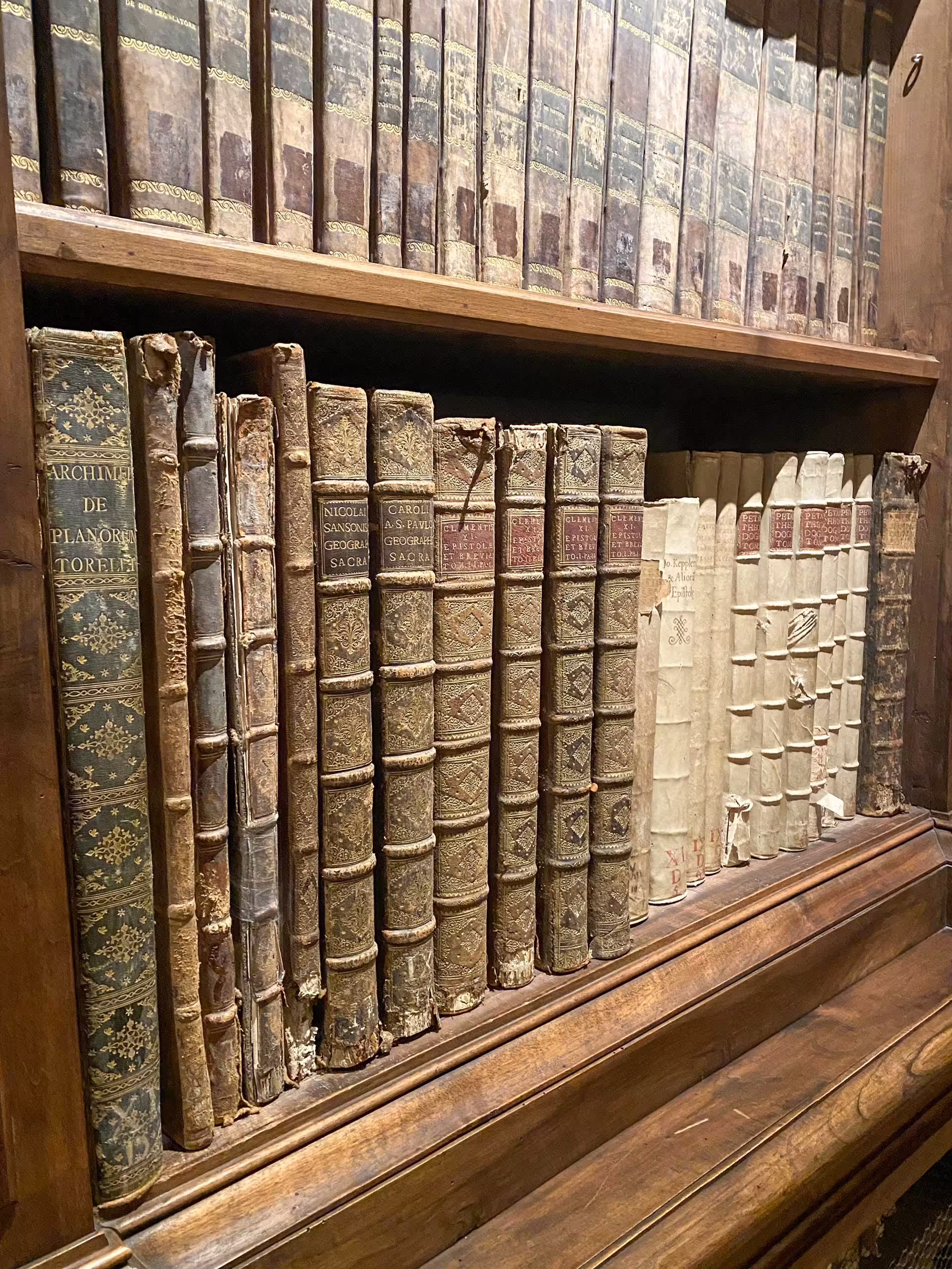 Historické zväzky v drevenom regáli Biblioteca Capitolare vo Verone