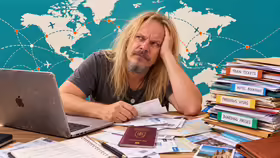 Unavený dlhovlasý cestovateľ pri notebooku, obklopený letenkami, vízami, hotelovými rezerváciami a slovenským pasom