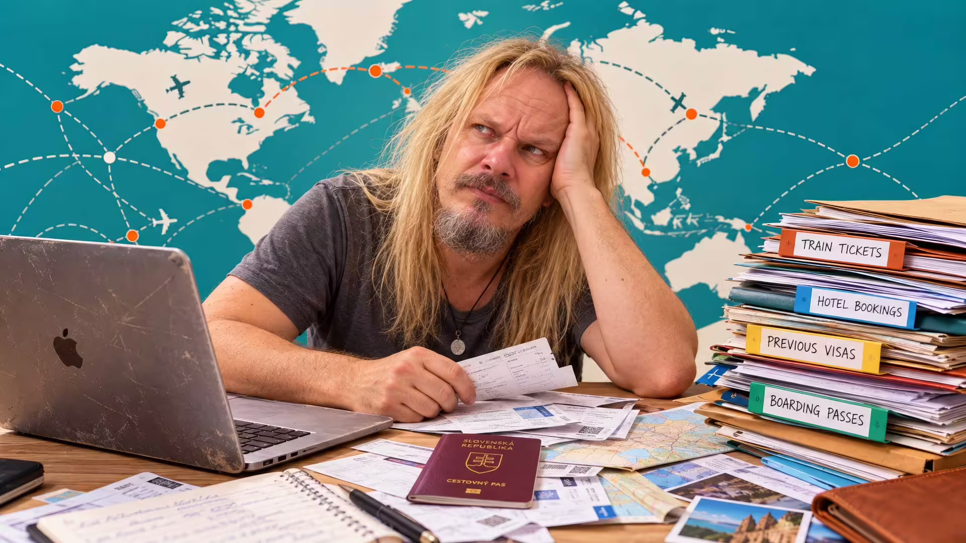 Unavený dlhovlasý cestovateľ pri notebooku, obklopený letenkami, vízami, hotelovými rezerváciami a slovenským pasom