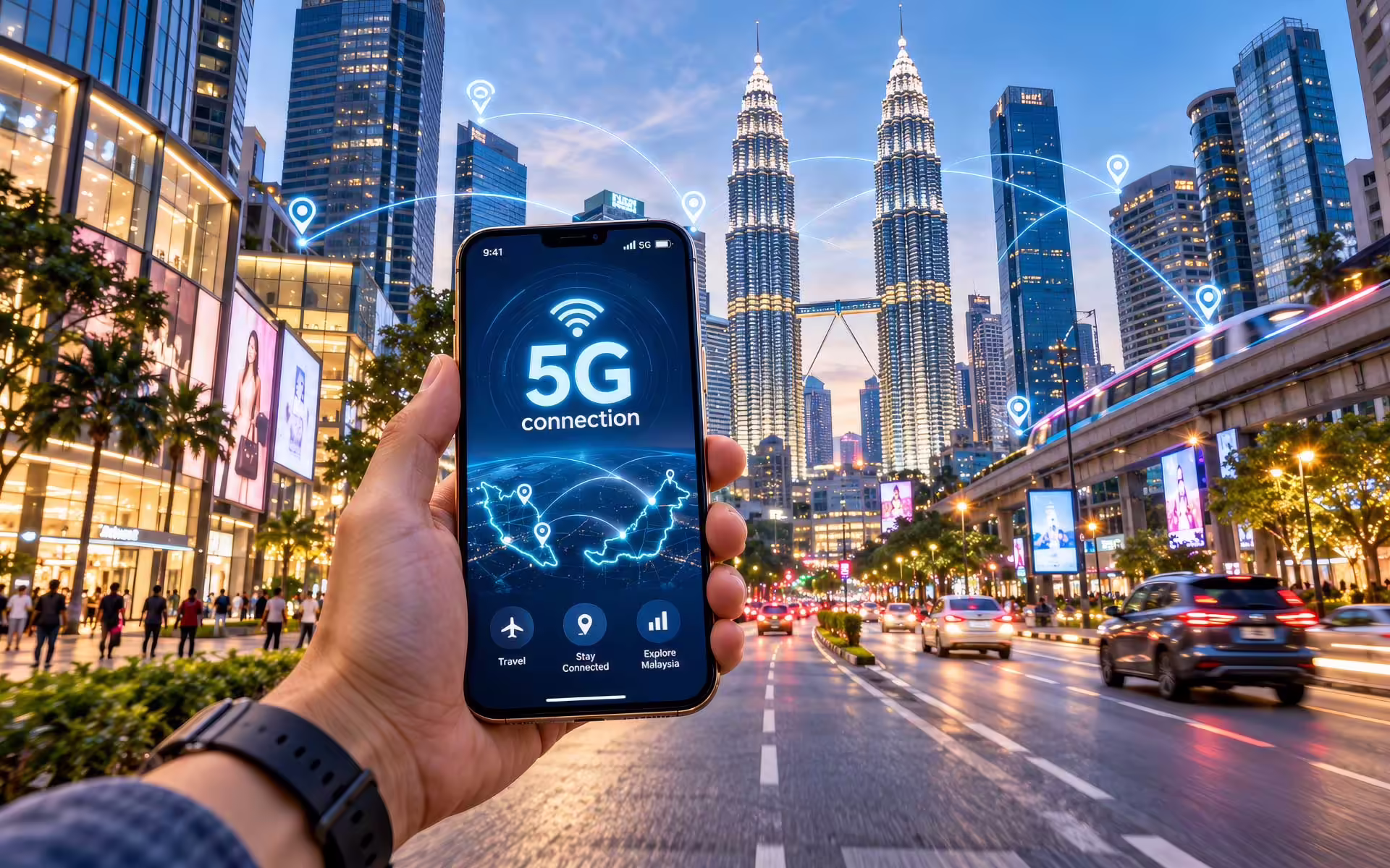 iPhone s 5G pripojením v Kuala Lumpur pred Petronas Twin Towers