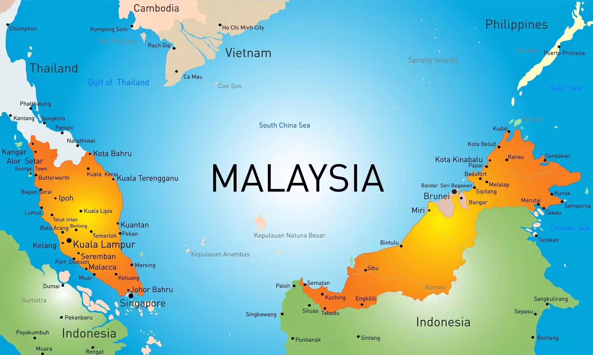 Mapa Malajzie s pevninskou časťou a štátmi Sabah a Sarawak na ostrove Borneo