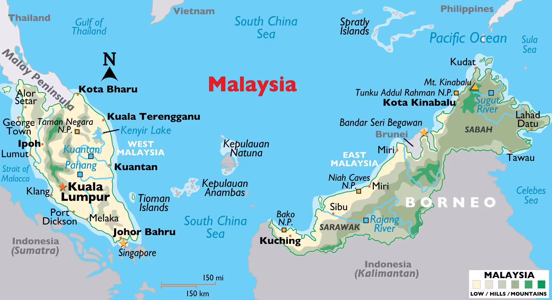 Mapa Malajzie s Kuala Lumpur na polostrove a štátmi Sabah a Sarawak na ostrove Borneo, oddelenými Juhočínskym morom