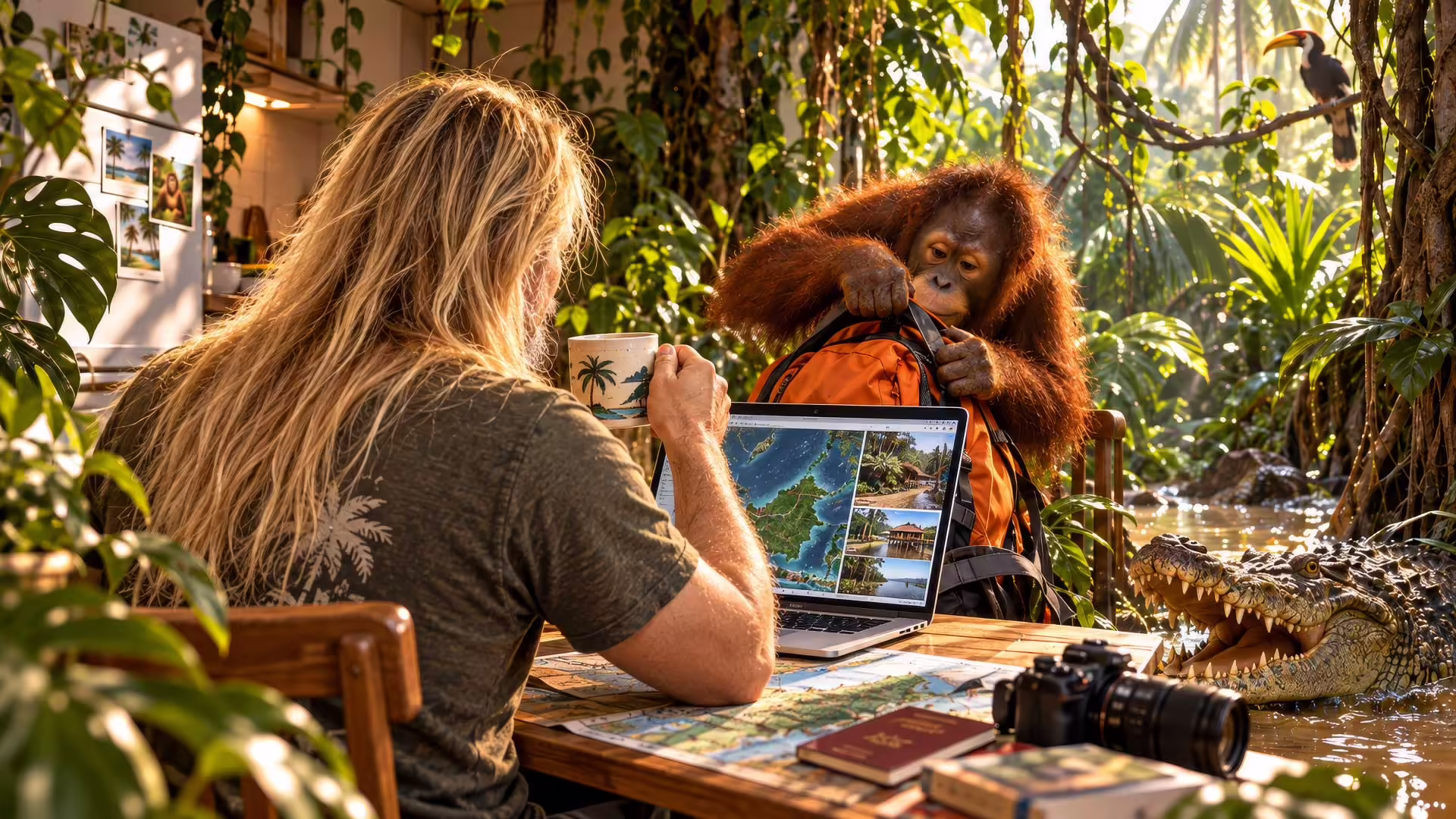 AI ilustrácia muža s dlhými blond vlasmi pri notebooku a káve; orangutan sa prehrabáva v oranžovom batohu a pri stole v džungli číha krokodíl.