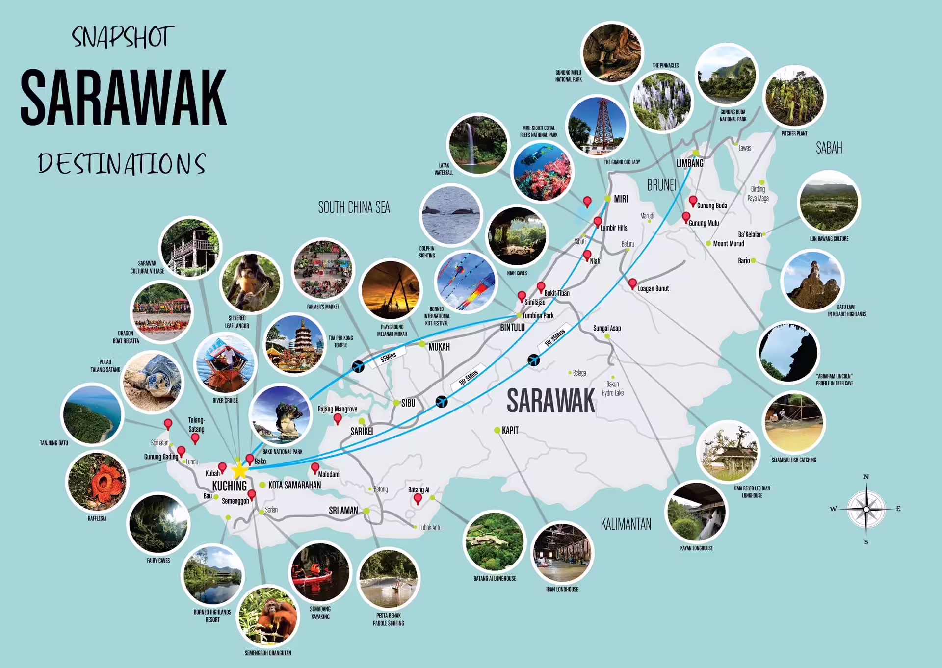 Turistická mapa Sarawaku na Borneu s mestami Kuching a Miri, oblasťou Limbang a národnými parkmi